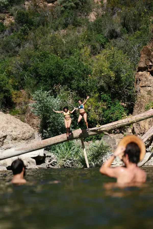 Two women hold hands and jump from a fallen tree into a pool of water below. Two men in the foreground are standing in the water watching them. 