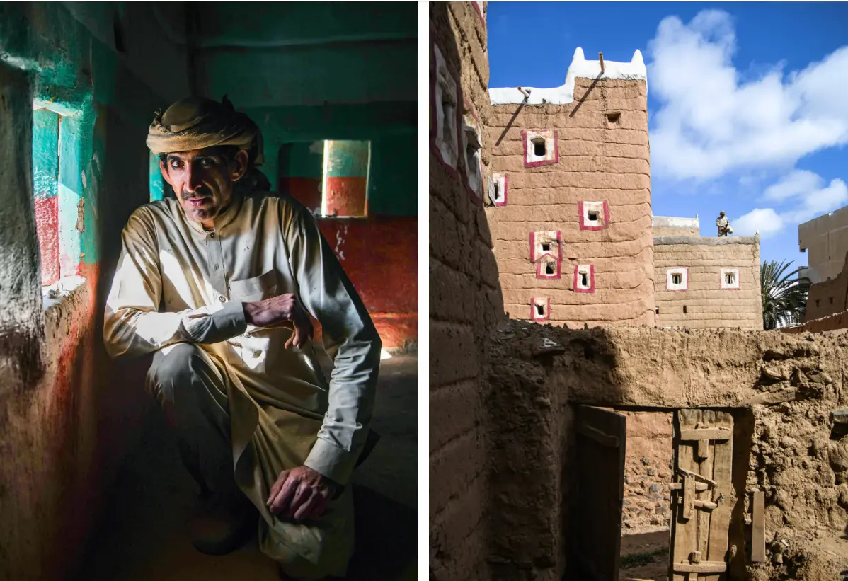 Nawab Khan, crouched beside a window in the colorful interior of a mud-brick palace in Dhahran al-Janub, near the border with Yemen, in March.