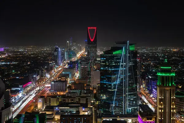 Riyadh, the sprawling capital. The Kingdom Centre, with its Sky Bridge observation gallery (illuminated here in red), is the city’s landmark tower.