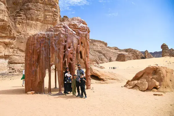 Tourists braved the searing midday sun to explore the installations at Desert X AlUla, a vast open-air collection of contemporary artworks scattered among steep-walled canyons.