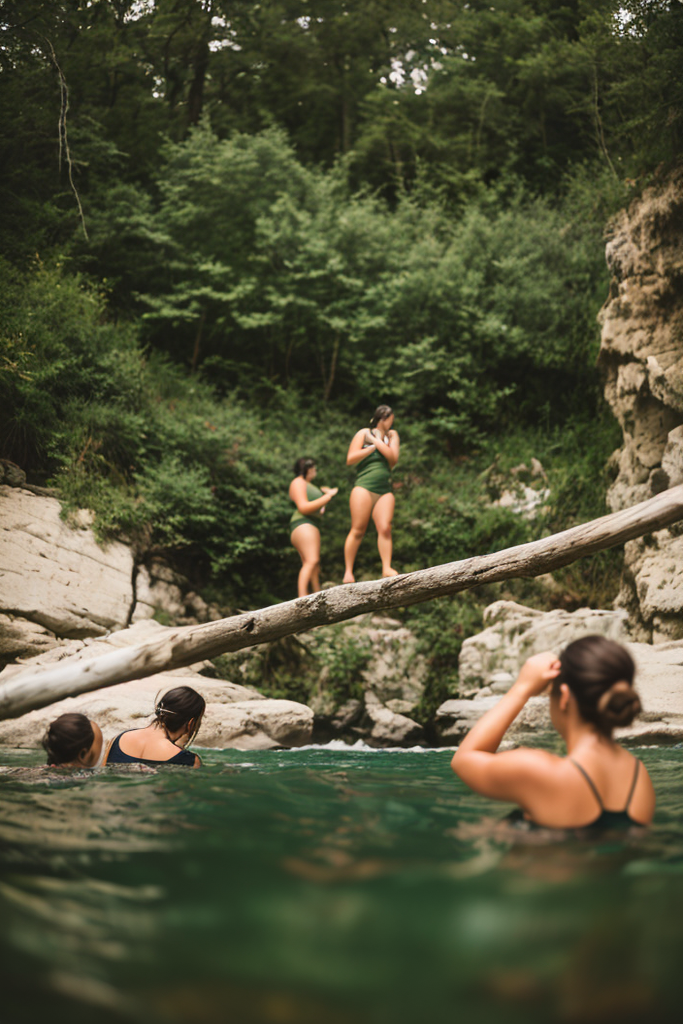 Two women hold hands and jump from a fallen tree into a pool of water below. Two men in the foreground are standing in the water watching them. 