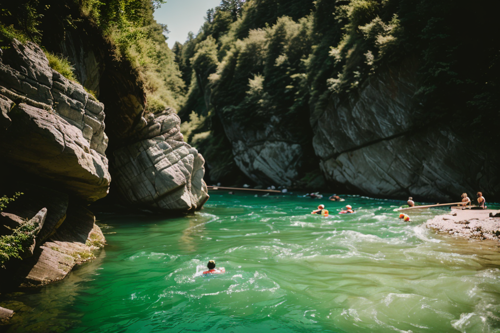 A small group of people, some with pool floats are shown in the clear, green-tinged water, with a small sand beach and cliffs behind them. 