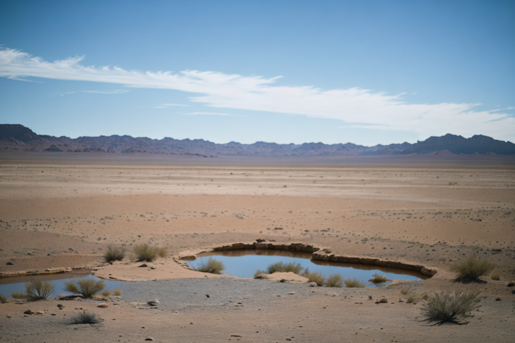 A small pool of water is shown with people’s heads just peeking above the surface. It is surrounded by arid-looking land and mountains in the distance. 