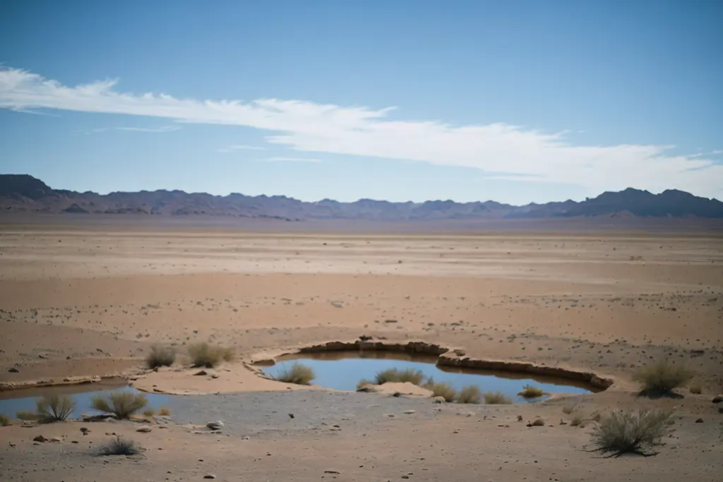 A small pool of water is shown with people’s heads just peeking above the surface. It is surrounded by arid-looking land and mountains in the distance. 