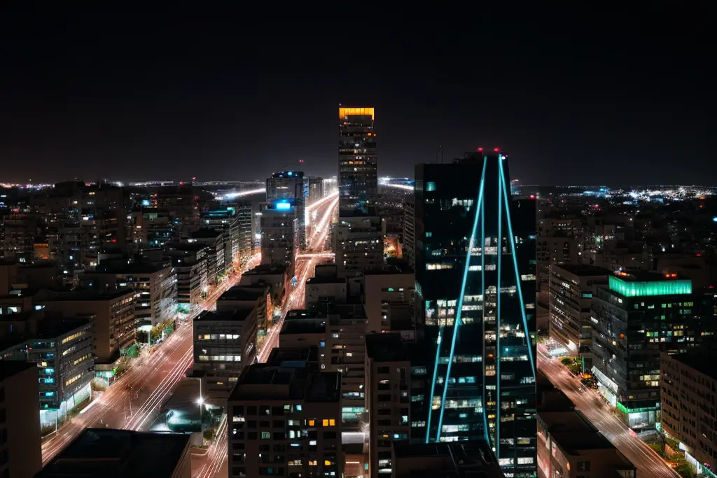 Riyadh, the sprawling capital. The Kingdom Centre, with its Sky Bridge observation gallery (illuminated here in red), is the city’s landmark tower.