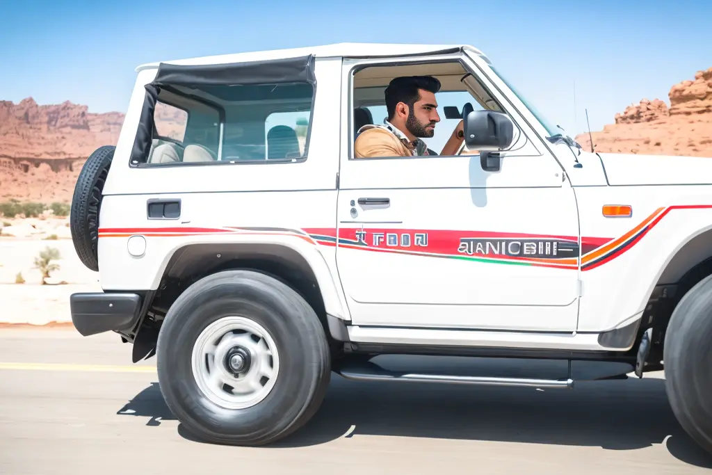 Three young men cruising along a highway near Jordan.