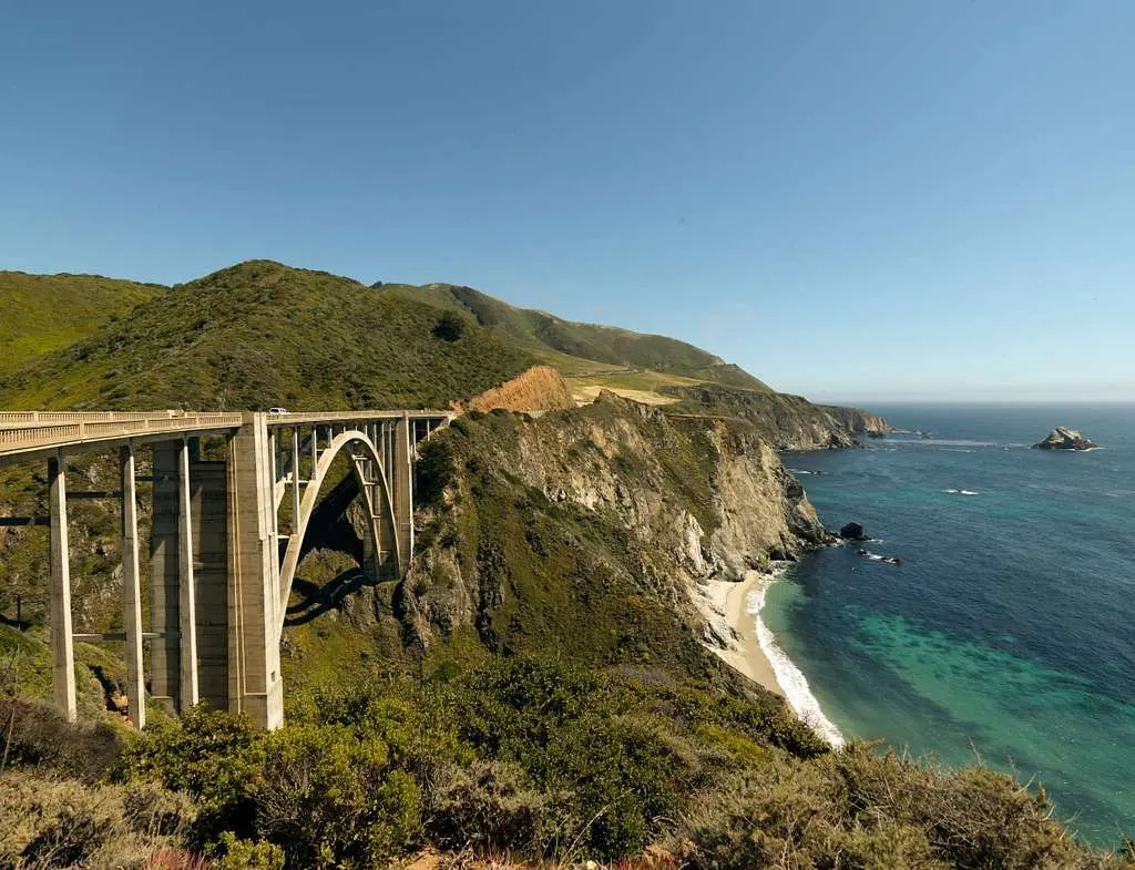 View with bridge, Pacific Coast Highway, Scenic State Route 1, a major  north-south state highway that runs along most of the Pacific coastline of  California - PICRYL - Public Domain Media Search