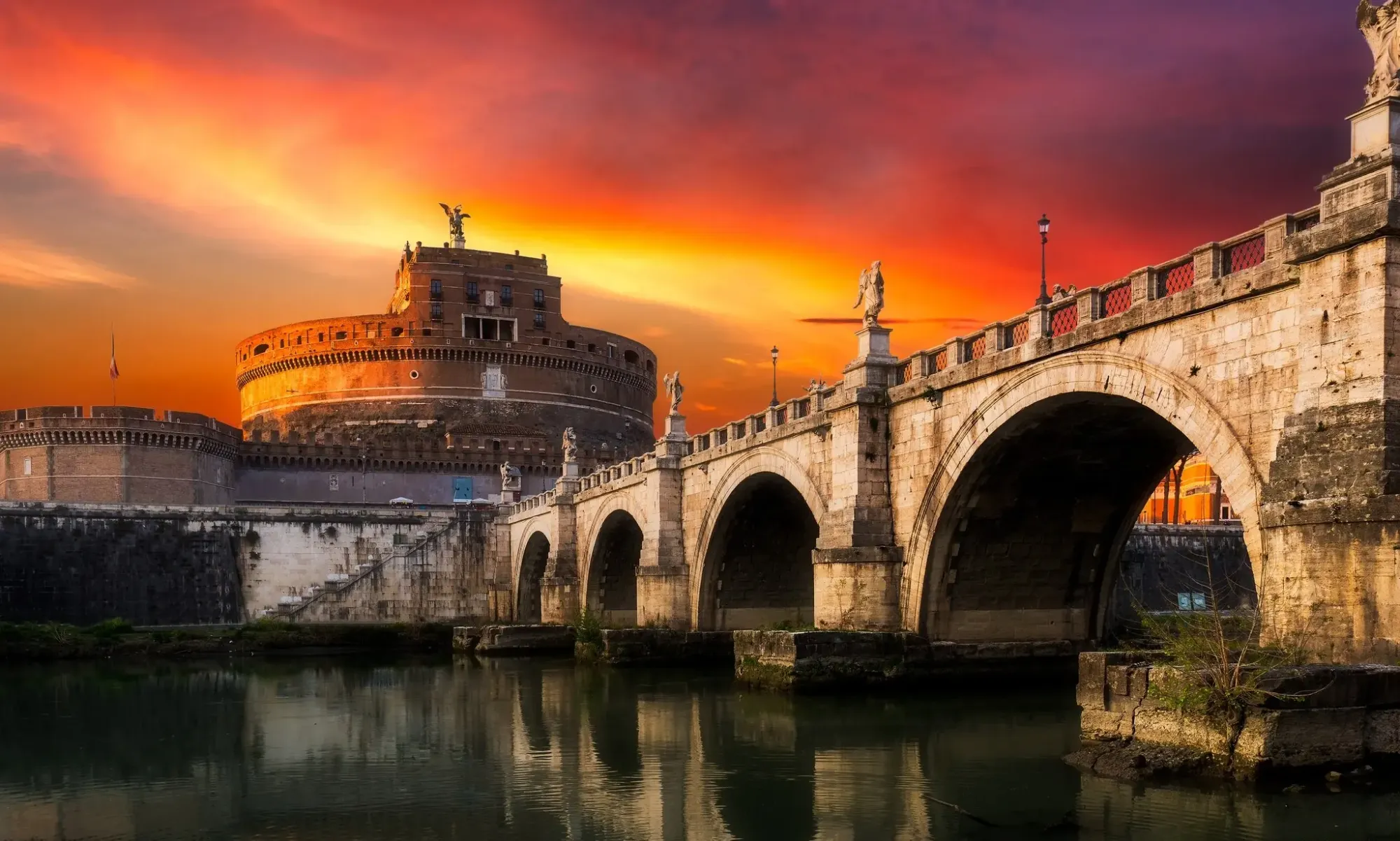 Wallpaper landscape, sunset, bridge, the city, Rome, Italy, The Vatican, Sant`Angelo for mobile and desktop, section город, resolution 2048x1230 - download
